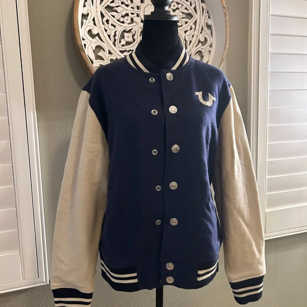 True Religion Varsity Letterman Jacket Wool Blend Snap Front Y2K Streetwear - Picture 4 of 12